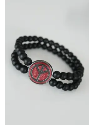 Barış Figürlü Bordo Renk Füme Metal Aksesuarlı Çift Sıra Oniks Doğal Taş Erkek Bileklik