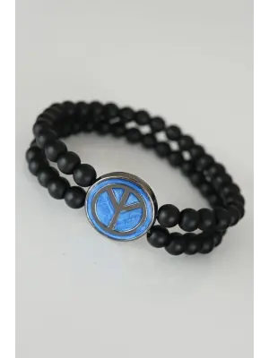 Barış Figürlü Mavi Renk Füme Metal Aksesuarlı Çift Sıra Oniks Doğal Taş Erkek Bileklik