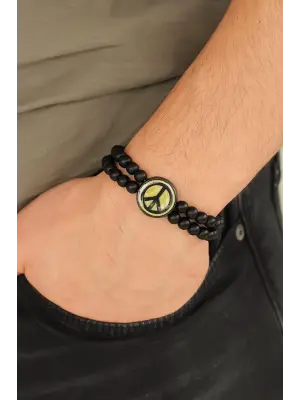 Barış Figürlü Siyah Metal Aksesuarlı Siyah Oniks Doğal Taş Erkek Bileklik