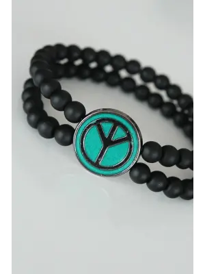 Barış Figürlü Yeşil Renk Füme Metal Aksesuarlı Çift Sıra Oniks Doğal Taş Erkek Bileklik