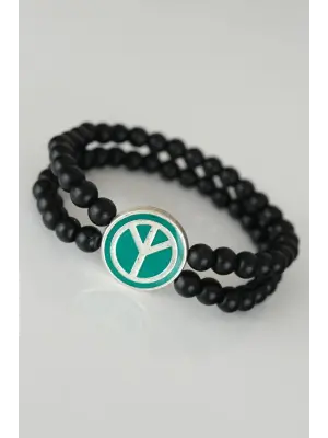 Barış Figürlü Yeşil Renk Silver Metal Aksesuarlı Çift Sıra Oniks Doğal Taş Erkek Bileklik