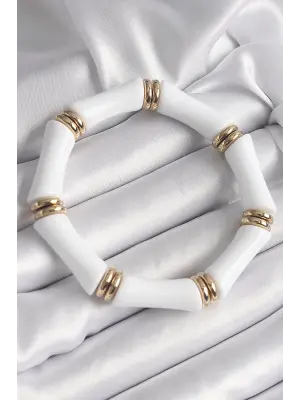 Beyaz Akrilik Lastikli Bambu Model Kadın Bileklik