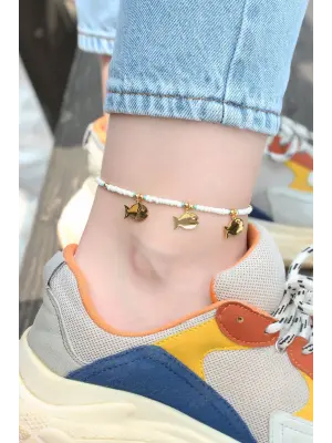 Beyaz Boncuklu Metal Balık Figürlü Halhal