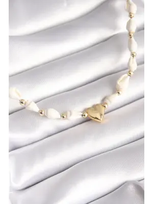 Beyaz Deniz Kabuğu Model Altın  Kalp Figür  Çelik Kolye