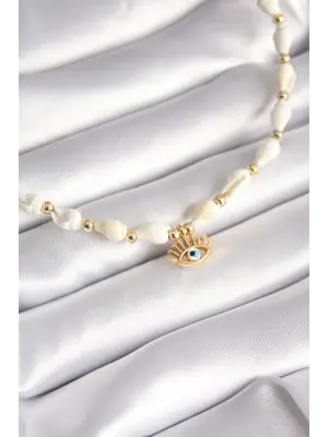 Beyaz Deniz Kabuğu Model Göz Figür Nazar Boncuk Detay  Çelik Kolye