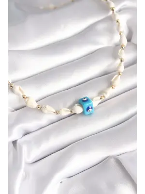 Beyaz Deniz Kabuğu Model Nazar Boncuk Figür  Çelik Kolye