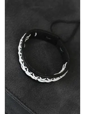 Beyaz Dikişli Siyah Renk Deri Erkek Bileklik