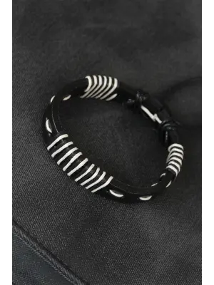 Beyaz İpli Siyah Deri Erkek Bileklik