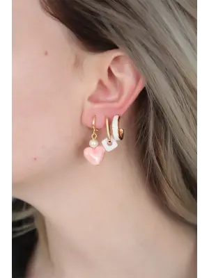 Beyaz Mineli Kalp ve İnci Detay Küpe Seti