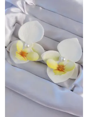 Beyaz Renk İnci Detay Orkide Çiçeği Küpe