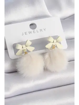 Beyaz Renk Kurdele Ponpon Model Çelik Küpe