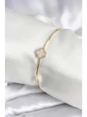 Beyaz Sedefli Yonca Model Gold Renk Kadın Bileklik