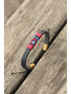 Bordo İpli Etnik Desenli Kadın Deri Bileklik