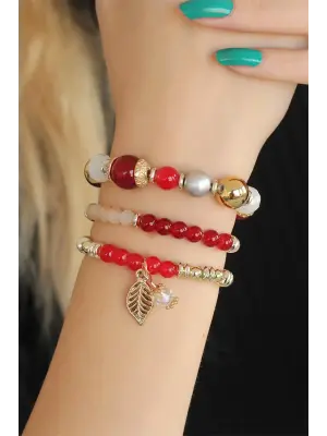 Bordo Kırmızı Boncuklu Bayan Bileklik