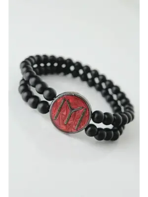 Bordo Metal Üzerine Füme Kayı Boyu Figürlü Siyah Renk Çift Sıra Doğal Taş Erkek Bileklik