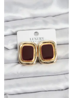 Bordo Mineli Kare Gold Renk Vintage Kadın Küpe