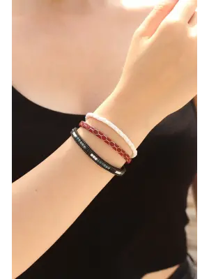 Bordo Renk Desenli Tasarımlı Taşlı Beyaz Örgü Model Kadın Deri Bileklik