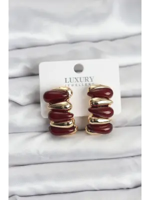 Bordo Renk Pirinç Vintage Kadın Küpe