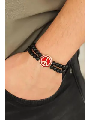 Bordo Renk  Renk Metal Barış Simgesi Tasarımlı Siyah Renk Mat Oniks Doğal Taş Erkek Bileklik
