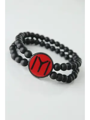 Bordo Renkli Metal Üzerine Siyah Kayı Boyu Figürlü Siyah Renk Çift Sıra Doğal Taş Erkek Bileklik