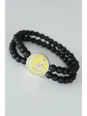 Bozkurt Figürlü Sarı Renk Silver Metal Aksesuarlı Çift Sıra Oniks Doğal Taş Erkek Bileklik