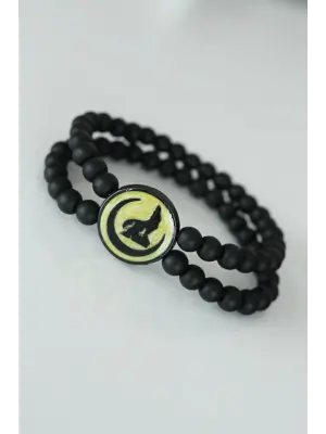 Bozkurt Figürlü Sarı Renk Siyah Metal Aksesuarlı Çift Sıra Oniks Doğal Taş Erkek Bileklik