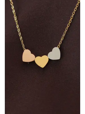 Çelik 3 Renkli Minimal 3lü Kalp Kolye