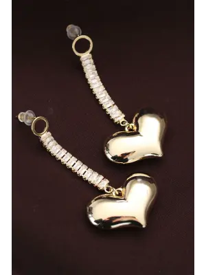 Çelik Altın Renk Baget Taşlı Kalp Küpe