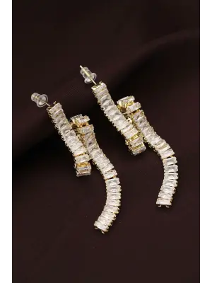 Çelik Altın Renk Baget Taşlı Sarmal Detaylı Sallantılı Küpe