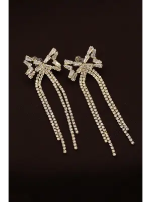 Çelik Altın Renk Baget ve Zirkon Taşlı Fiyonk Detaylı Uzun Küpe