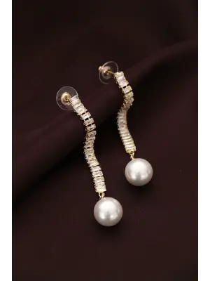 Çelik Altın Renk İnci ve Baget Taşlı Su Yolu Tasarımlı Sallantılı Küpe