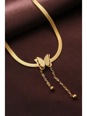 Çelik Altın  Kelebek İtalyan Zincir Çelik Kolye