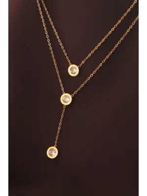 Çelik Altın Renk Taşlı Oval Model Çift Zincir Kolye