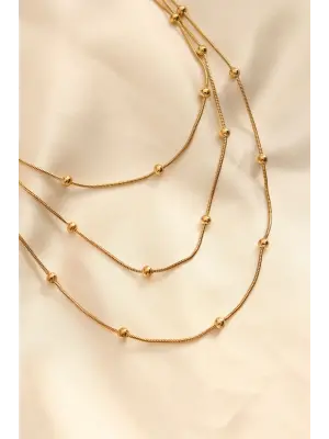 Çelik Altın li Topçuk Tasarımlı Çoklu Çelik Kolye