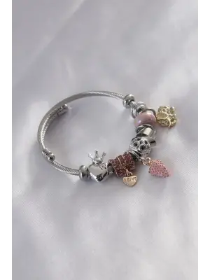 Çelik Charm Model Pembe Çilek Figür Kalp Detay Zirkon Taşlı Kadın Bileklik