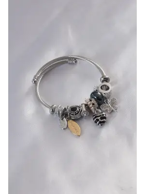 Çelik Charm Model Siyah Kalp Figür Kelebek Detay Zirkon Taşlı Kadın Bileklik