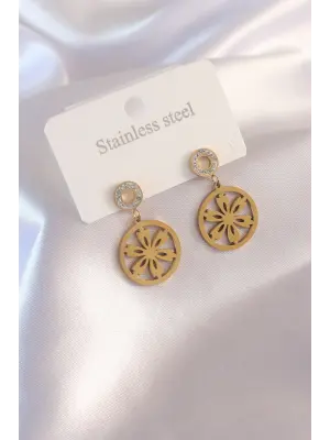 Çelik Gold Renk Çiçek Figür Zirkon Taş Detay Kadın Küpe