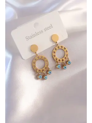 Çelik Gold Renk Daire Model Nazar Boncuk Detay Kadın Küpe