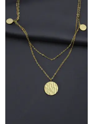 Çelik Gold Renk Desenli Oval Model Çift Zincir Tasarımlı Kadın Kolye