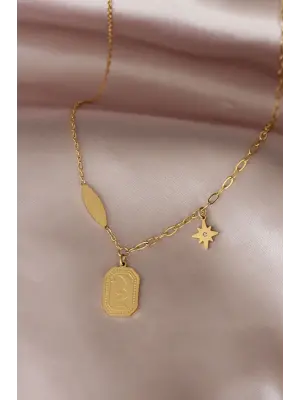 Çelik Gold Renk Gökyüzü Tasarımlı Zirkon Taşlı Kadın Kolye