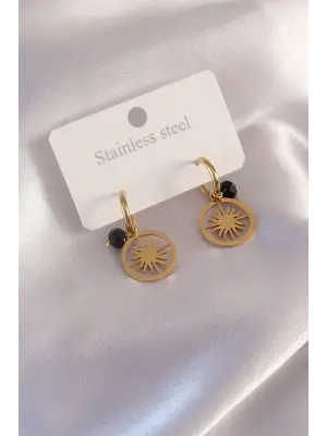 Çelik Gold Renk Güneş Figür Siyah Kristal Detay Kadın Küpe