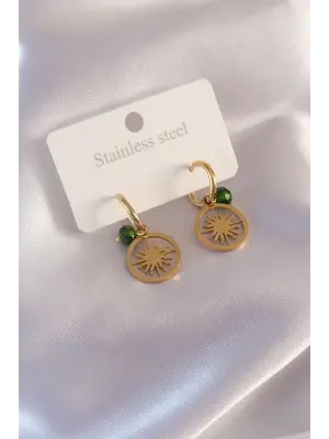 Çelik Gold Renk Güneş Figür Yeşil Kristal Detay Kadın Küpe