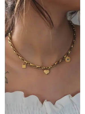 Çelik Gold Renk Kalın Zincir Model Kalp Figür Kadın Kolye