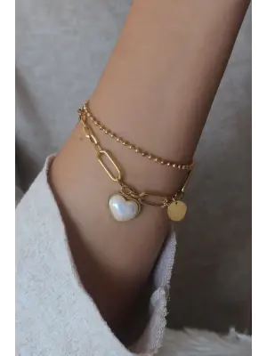 Çelik Gold Renk Kalp Figür 2li Kadın Bileklik