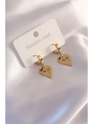 Çelik Gold Renk Kalp Model Kelebek Detay Kadın Küpe