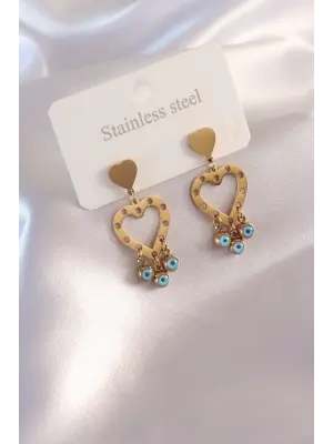 Çelik Gold Renk Kalp Model Nazar Boncuk Detay Kadın Küpe