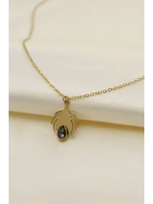 Çelik Gold Renk Kristal Taşlı Yaprak Model Kadın Kolye