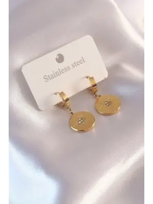  Altın Kutup Yıldızı İşleme Zirkon Taşlı Çelik Küpe