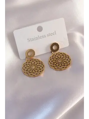 Çelik Gold Renk Lotus Çiçek Zirkon Taş Detay Kadın Küpe