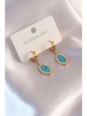 Çelik Gold Renk Mavi Boncuklu Zirkon Taşlı Kadın Küpe